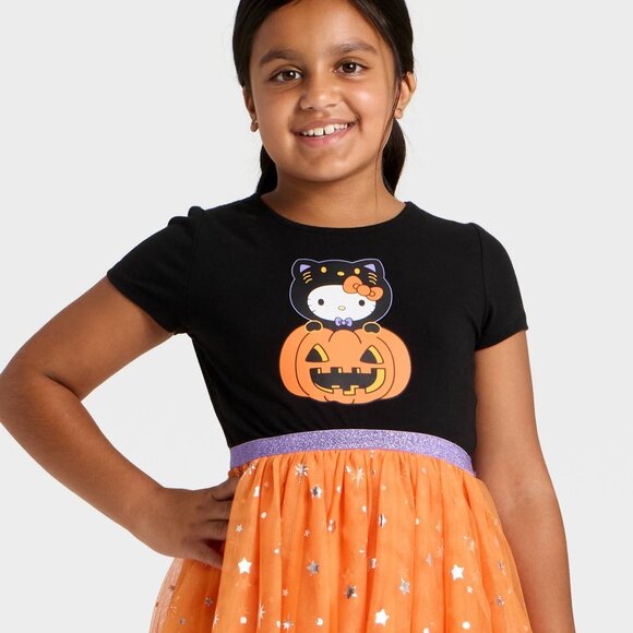 Girls Hello KITTY Halloween Pumpkin Tulle Character Dress Size XS XL Orange NWT - Picture 3 of 3